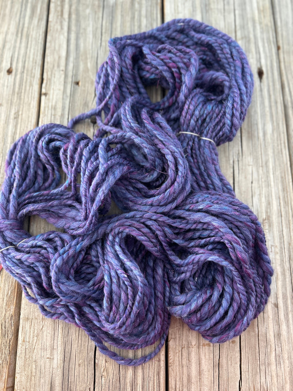 Handspun Bulky Yarn, purple gray blue, 2 ply, wool sparkle, 54 yards