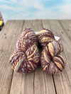 Handspun Bulky Yarn, purple plum gold blue, 2 ply, superwash merino wool, 78 yards