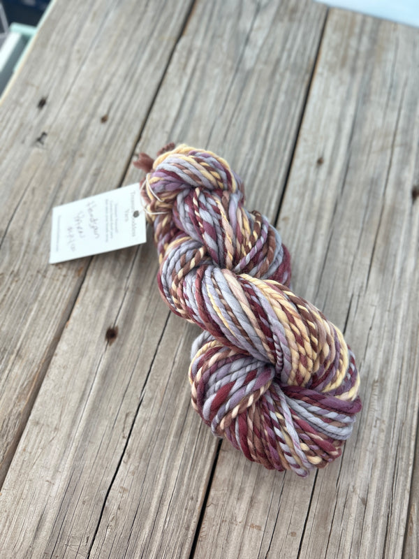 Handspun Bulky Yarn, purple plum gold blue, 2 ply, superwash merino wool, 78 yards