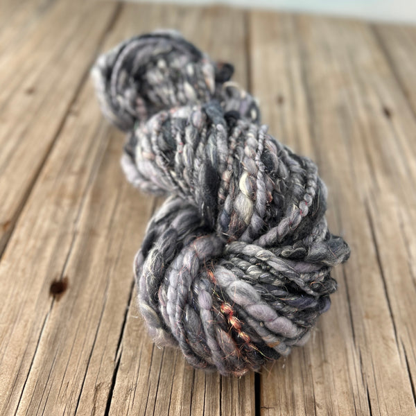 Handspun Art Yarn, Thick & Thin Spiral Plied, Sparkle silver gray, merino wool stellina sparkle, 56 yards