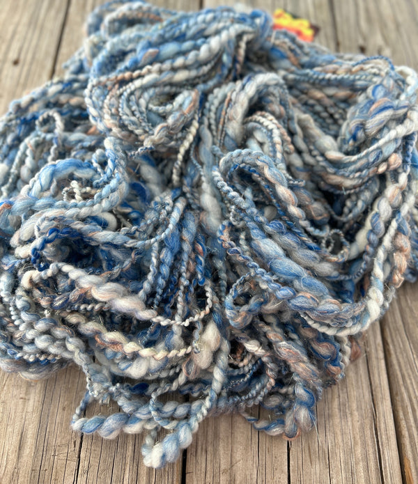 Handspun Art Yarn, Thick & Thin Spiral Plied, Sparkly Sky blue silver, merino wool stellina sparkle, 78 yards