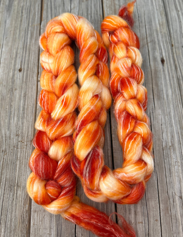 Orange Superwash Merino Bamboo Combed Top, hand dyed luxury spinning fiber