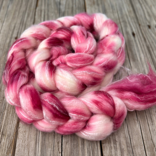 Pink Superwash Merino Bamboo Combed Top, hand dyed luxury spinning fiber