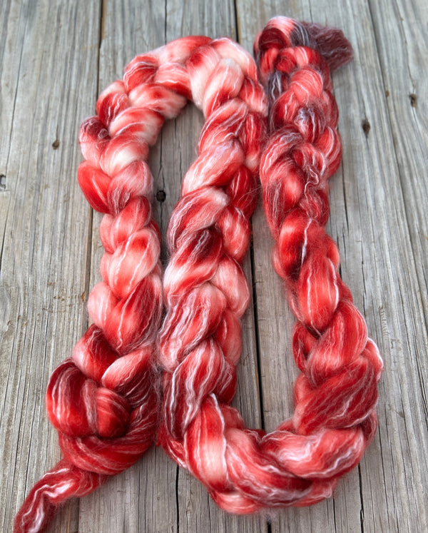 Red Superwash Merino Bamboo Combed Top, hand dyed luxury spinning fiber