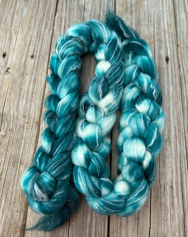 Teal Green Superwash Merino Bamboo Combed Top, hand dyed luxury spinning fiber