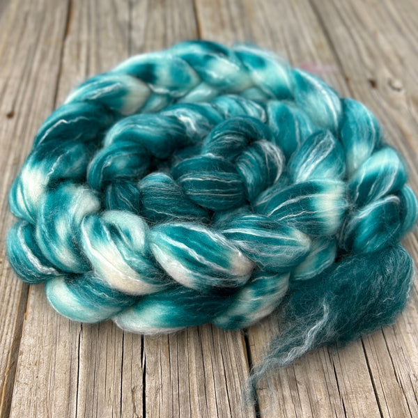 Teal Green Superwash Merino Bamboo Combed Top, hand dyed luxury spinning fiber