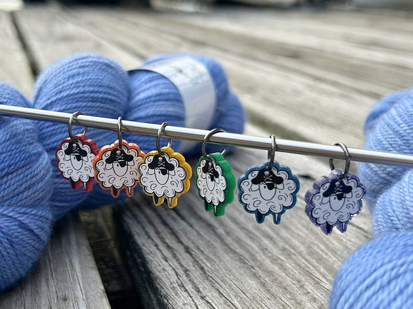 Rainbow Sparkle Pirate Sheep Stitch Markers, knitting stitch marker set