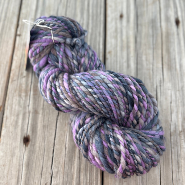 Handspun Bulky Yarn, purple gray twilight, 2 ply, superwash merino wool, 90 yards