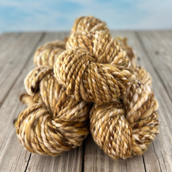 Handspun Bulky Yarn, gold brown tan, 2 ply, superwash merino wool, 72 yards