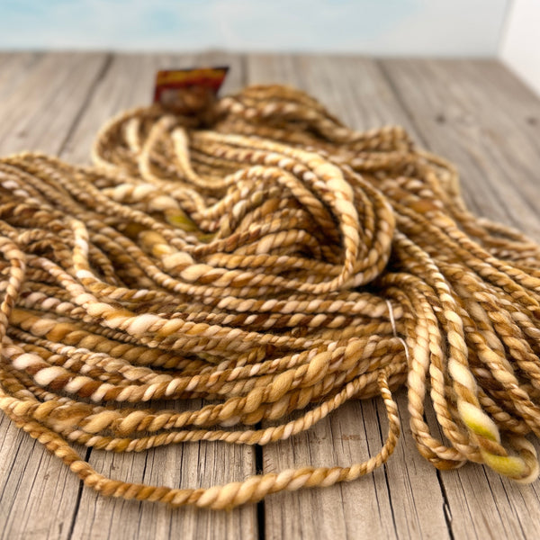 Handspun Bulky Yarn, gold brown tan, 2 ply, superwash merino wool, 72 yards