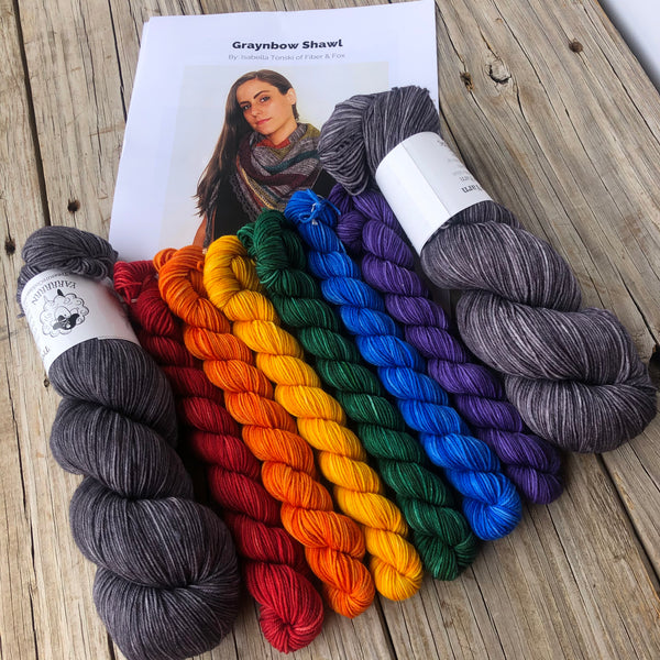 Graynbow Shawl Crochet Kit, rainbow mini skein set with 2 full size gray sock yarn skeins